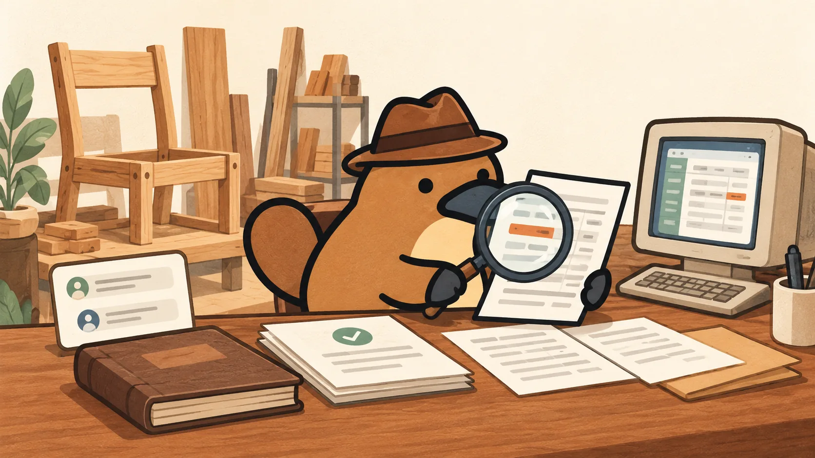 Platy in a detective hat checks a report with a magnifying glass at a workshop desk, next to an accounting ledger, approved records and a computer showing a flagged row.