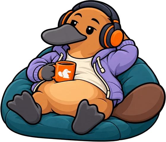 Platy leaning back on a beanbag in headphones, holding a mug.