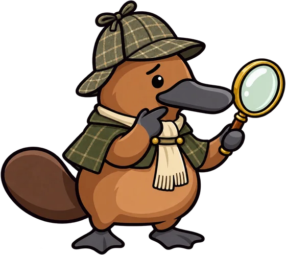 Platy as a detective in a deerstalker, studying a clue through a magnifying glass.
