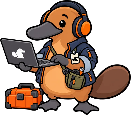 Platy as a forward-deployed engineer, with headphones, a laptop, a tool bag and a toolbox.