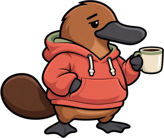 Platy in a hoodie holding a coffee.