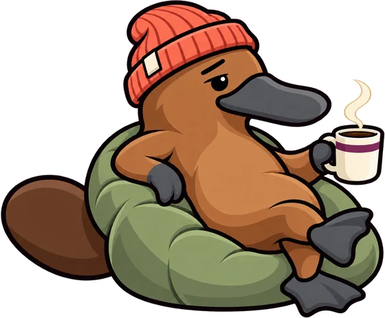 Platy in a beanie, leaning back on a beanbag with a mug of coffee.