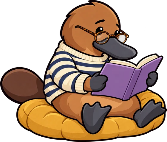 Platy in a striped jumper and round glasses, reading a book.