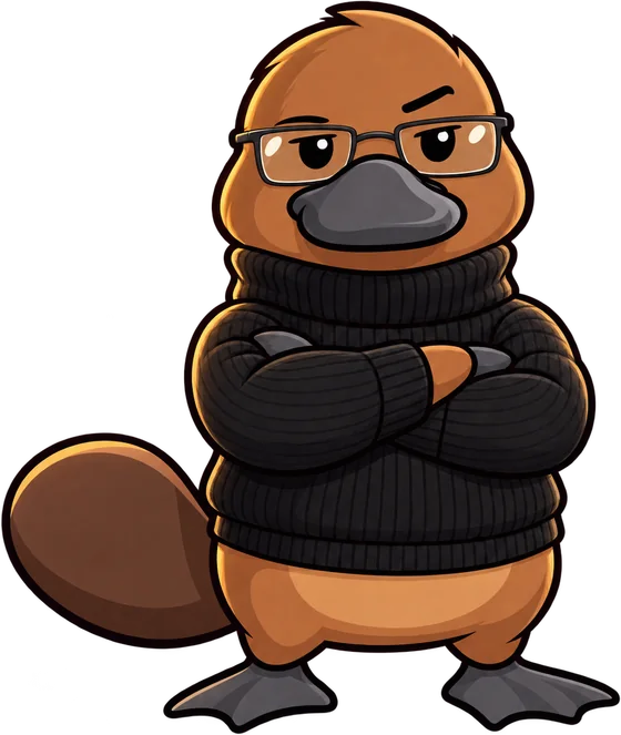 Platy in a black turtleneck and glasses, arms folded.